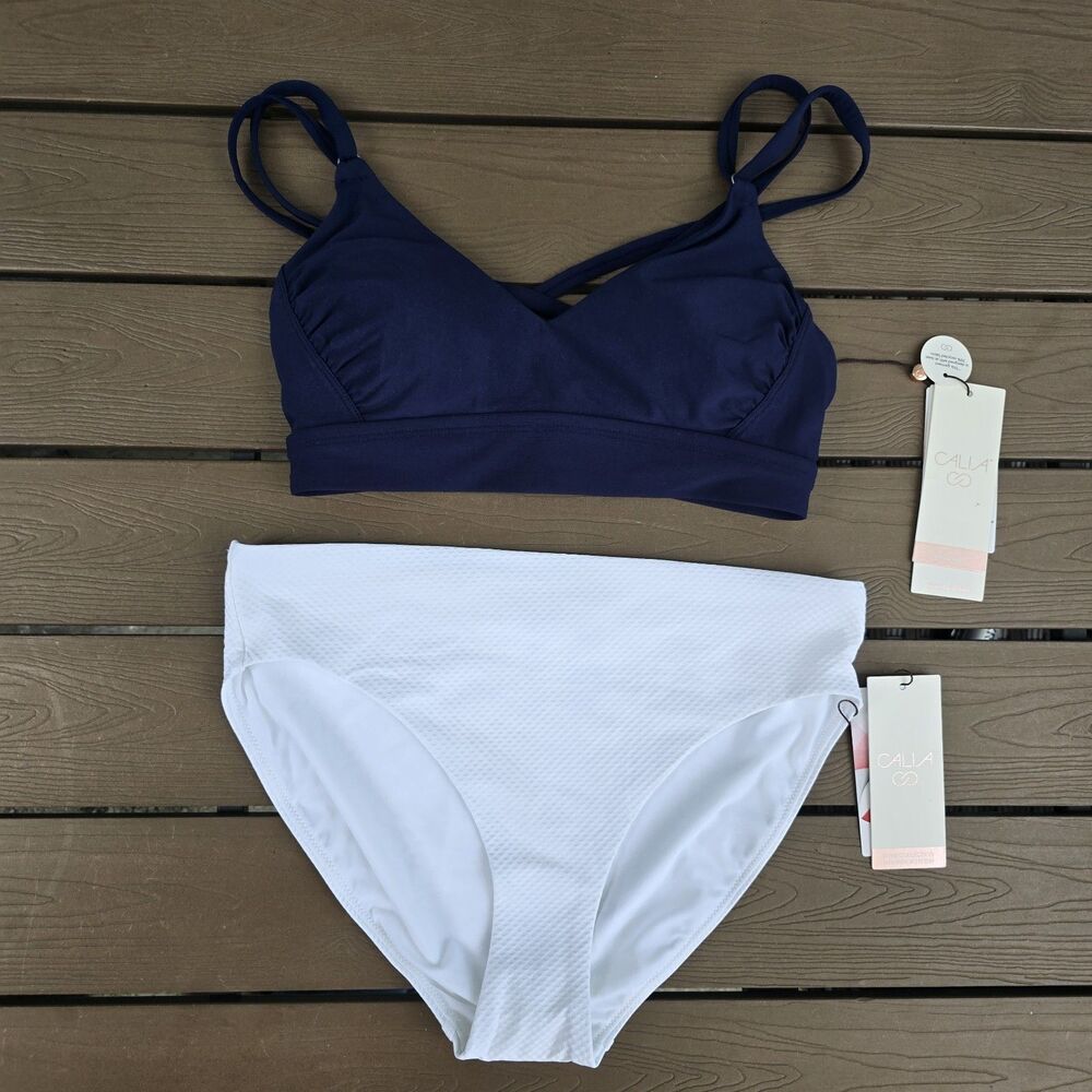 CALIA Women's Navy Rouched Strappy Back Top & White Mid Rise Bikini Sz S New
